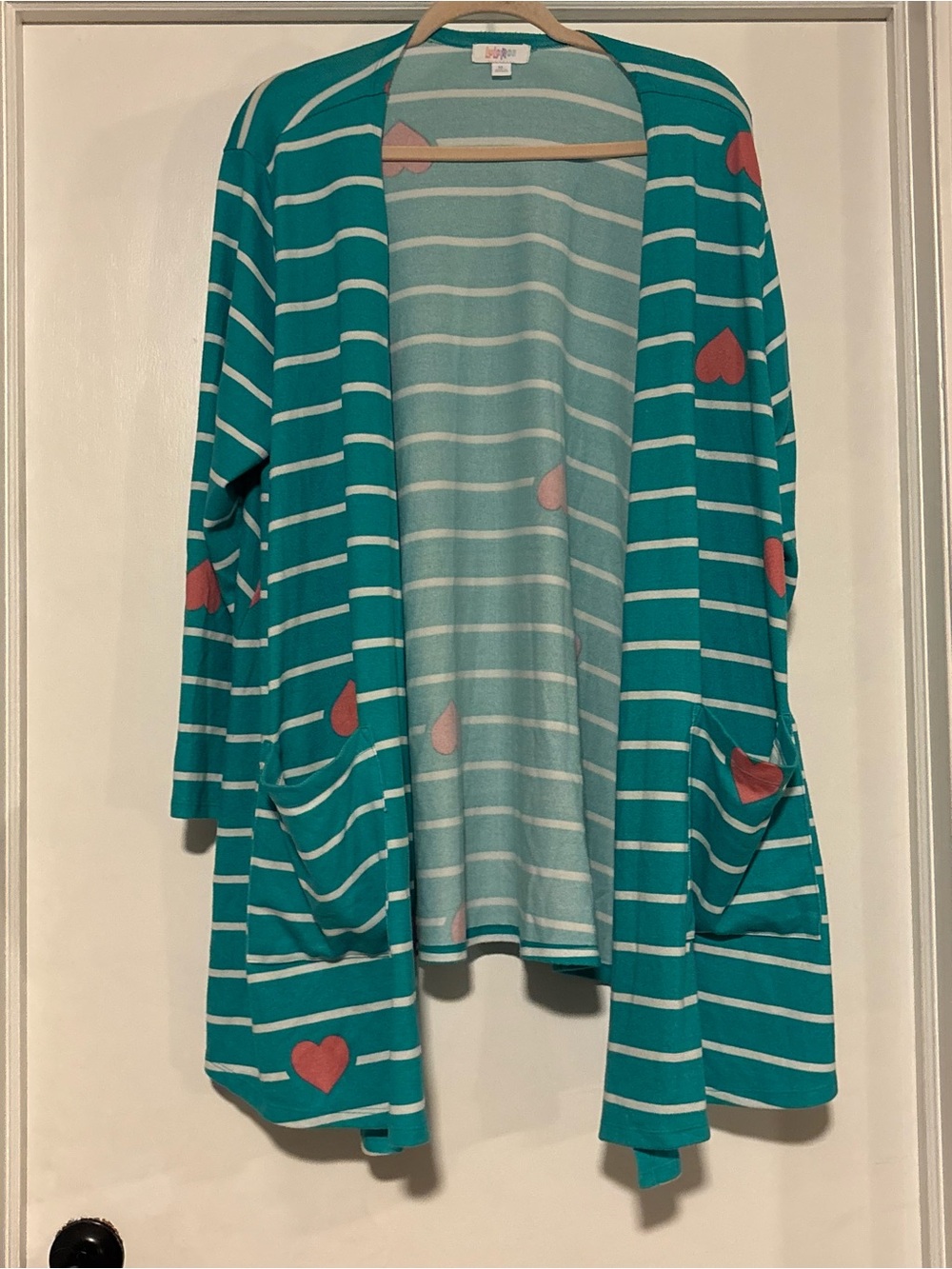 LuLaRoe Teal and White Striped Open Cardigan with Pink Heart Accents